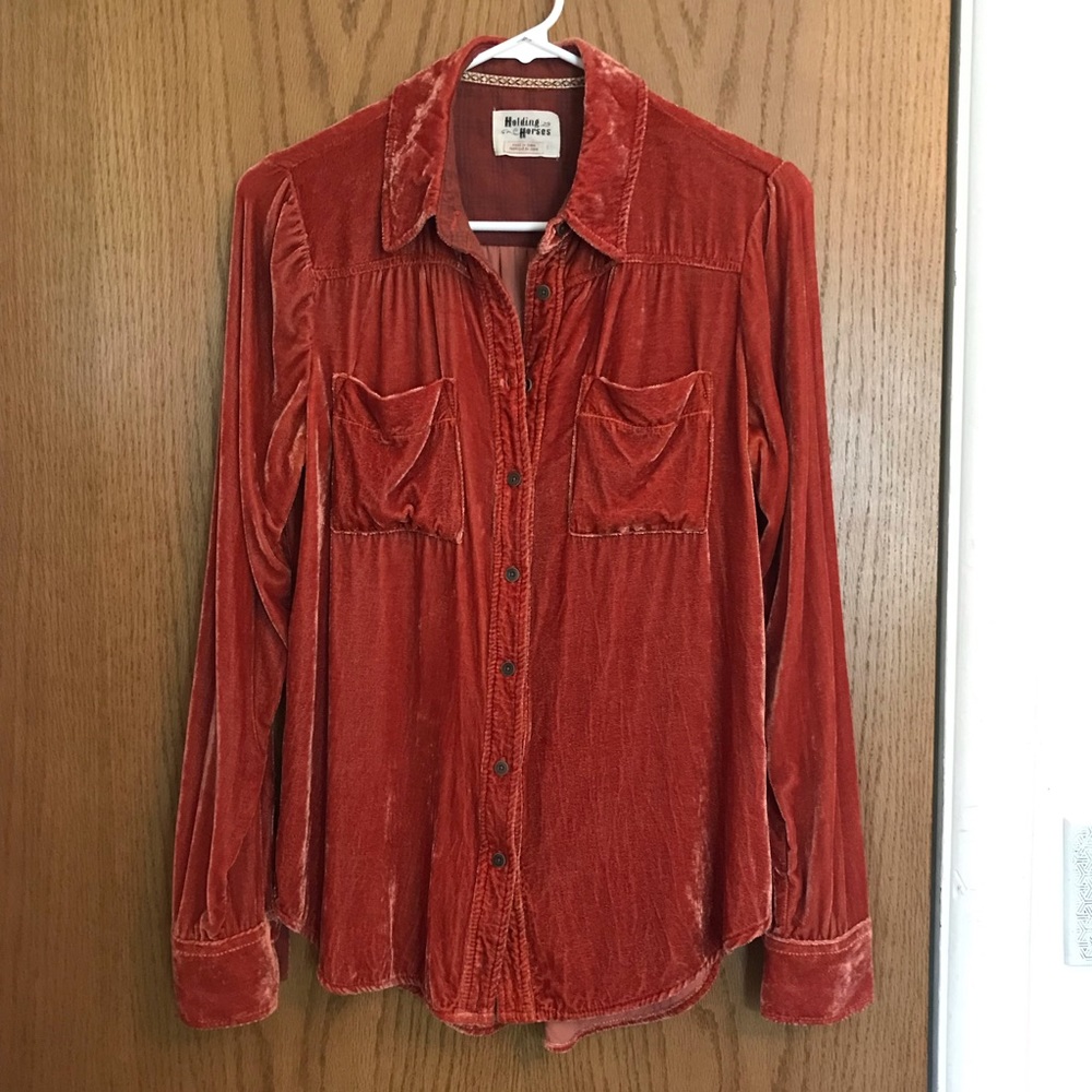 Anthropologie holding horses velvet silk blend shirt button down blouse